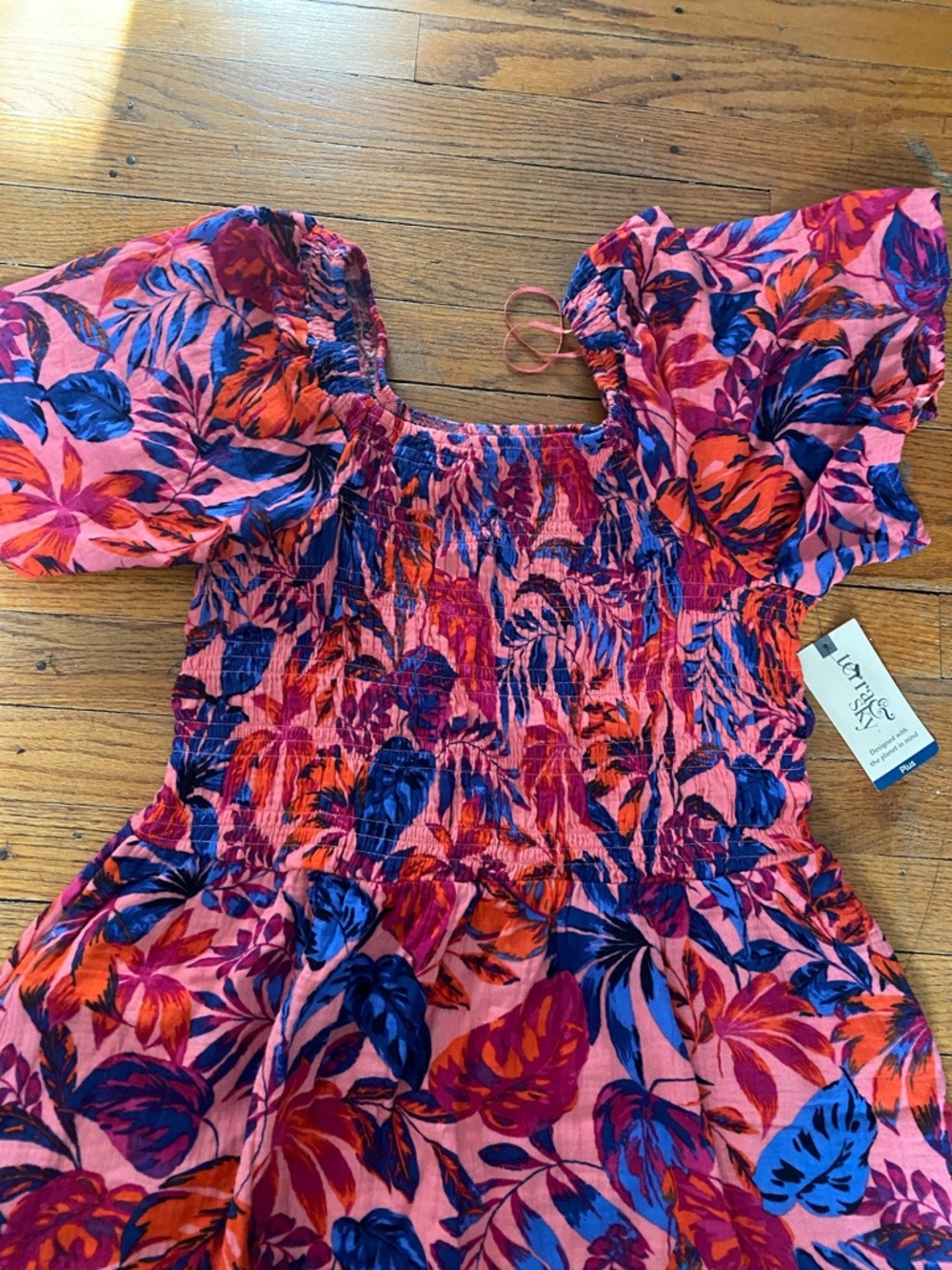 Terra & Sky Pink Floral Dress with Blue and Purple Leaves and pockets! - Picture 3 of 7